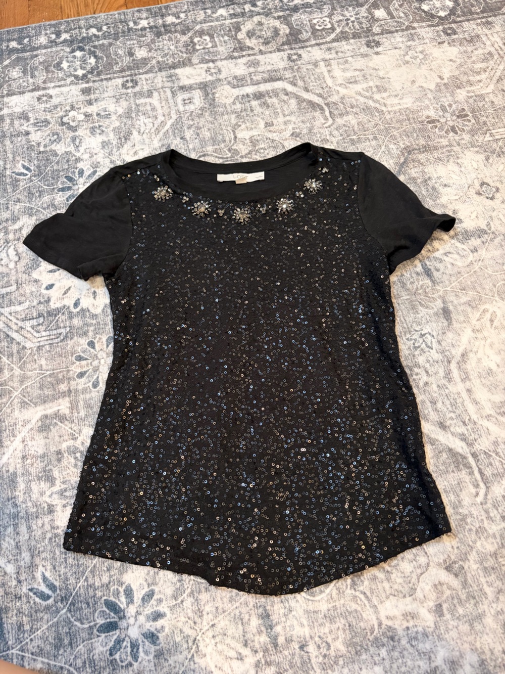 LOFT Black Sequin Short Sleeve Tee with Beaded Neckline